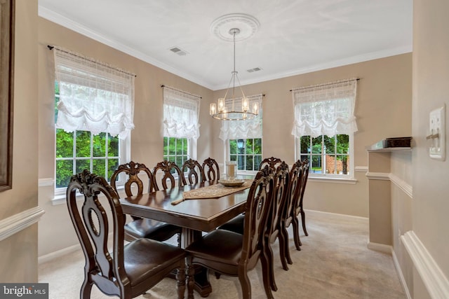 20810 Noble Ter Unit 104, Sterling, VA 20165 - dining space featuring a chandelier, healthy amount of natural light, light colored carpet, and ornamental molding