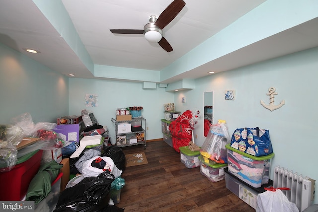 366 High St, Souderton, PA 18964 - below grade area with radiator heating unit, wood finished floors, ceiling fan, and recessed lighting