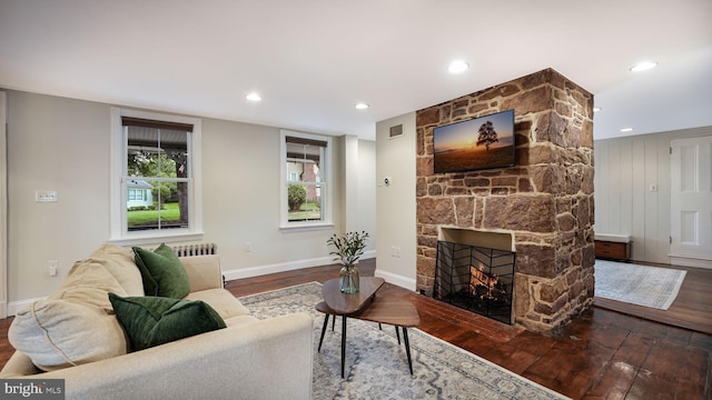 16 E Jefferson St, Newtown, PA 18940 - living area with hardwood / wood-style flooring, a stone fireplace, recessed lighting, and healthy amount of natural light