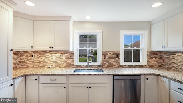 16 E Jefferson St, Newtown, PA 18940 - kitchen with dishwasher, white cabinetry, tasteful backsplash, light stone countertops, and recessed lighting