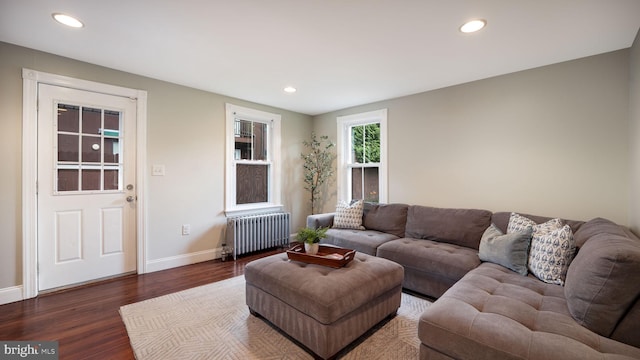 16 E Jefferson St, Newtown, PA 18940 - living room with radiator heating unit, dark wood-style flooring, and recessed lighting