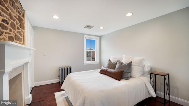 16 E Jefferson St, Newtown, PA 18940 - bedroom featuring radiator heating unit, a fireplace, hardwood / wood-style floors, and recessed lighting