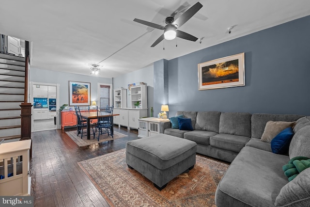 1105 Brown St, Wilmington, DE 19805 - living room with a ceiling fan, stairway, and dark wood-style floors