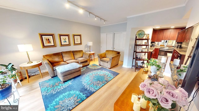 960 Fell St Unit 609, Baltimore, MD 21231 - living area featuring track lighting, light wood-style flooring, and crown molding