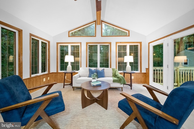 12779 Lost Creek Ct, Manassas, VA 20112 - sunroom / solarium featuring wainscoting, vaulted ceiling, wood walls, and carpet flooring