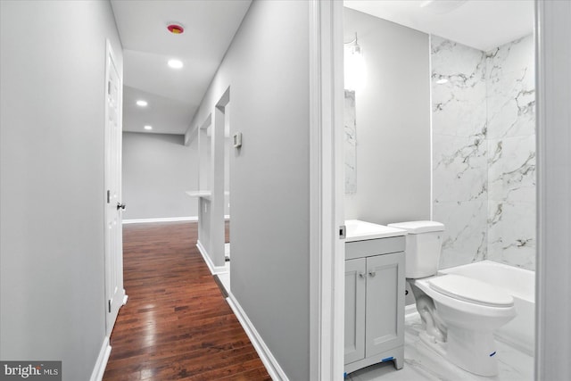 9884 Bird River Rd, Baltimore, MD 21220 - bathroom with vanity, recessed lighting, wood finished floors, and shower / washtub combination