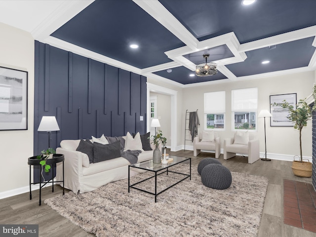3708 Mohawk Ave, Baltimore, MD 21207 - living room featuring ornamental molding, coffered ceiling, wood finished floors, and a chandelier