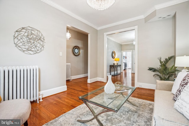 609 Elliott St NE, Washington, DC 20002 - living room with radiator heating unit, crown molding, and wood finished floors