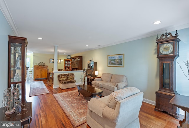 1305 S Branch Dr, Whitehouse Station, NJ 08889 - living area featuring decorative columns, crown molding, light wood finished floors, and recessed lighting