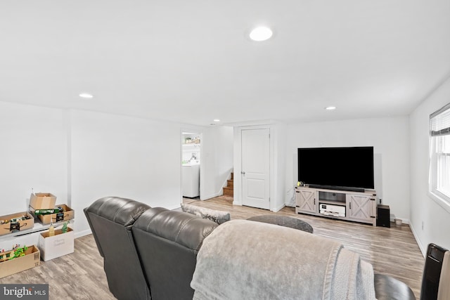 566 S Old Middletown Rd, Media, PA 19063 - living room featuring stairway, light wood-style flooring, washer / dryer, and recessed lighting