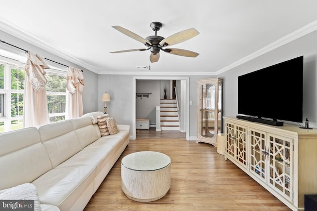 566 S Old Middletown Rd, Media, PA 19063 - living area with ceiling fan, ornamental molding, wood finished floors, and stairs