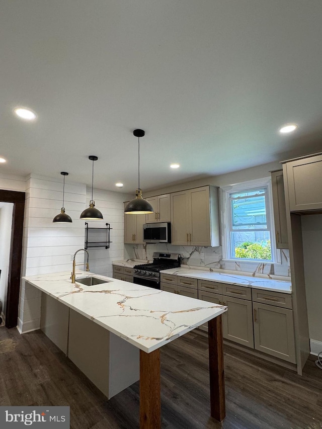 716 S Washington St, Havre De Grace, MD 21078 - kitchen with appliances with stainless steel finishes, dark wood finished floors, a peninsula, hanging light fixtures, and recessed lighting