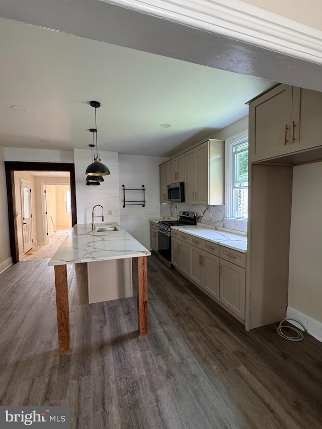 716 S Washington St, Havre De Grace, MD 21078 - kitchen with appliances with stainless steel finishes, dark wood-style floors, gray cabinets, and light stone countertops