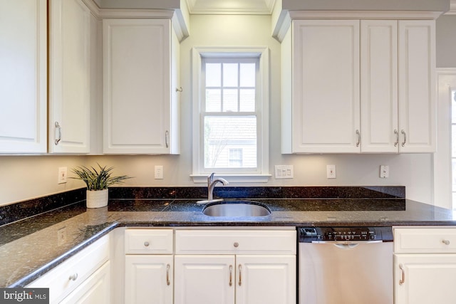 319 Chestertown St, Gaithersburg, MD 20878 - kitchen featuring dishwasher, white cabinetry, ornamental molding, and dark stone countertops