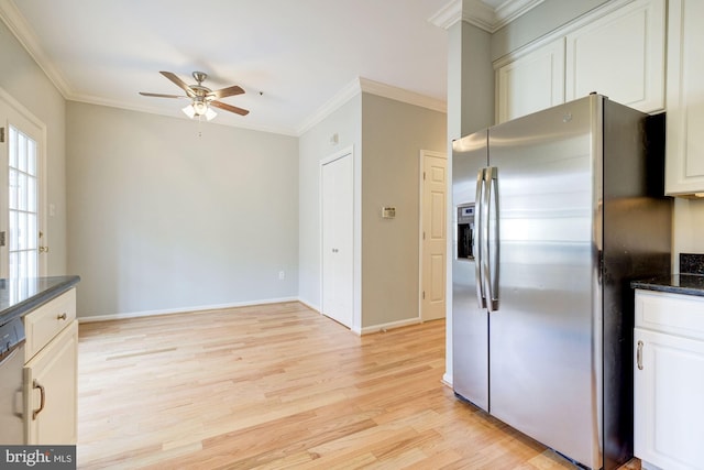 319 Chestertown St, Gaithersburg, MD 20878 - kitchen with stainless steel fridge with ice dispenser, a ceiling fan, light wood-style floors, crown molding, and white cabinets