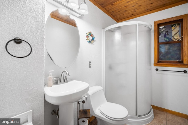 199 Cox Ave, West Creek, NJ 08092 - bathroom featuring wood ceiling, a shower stall, a textured wall, and tile patterned floors