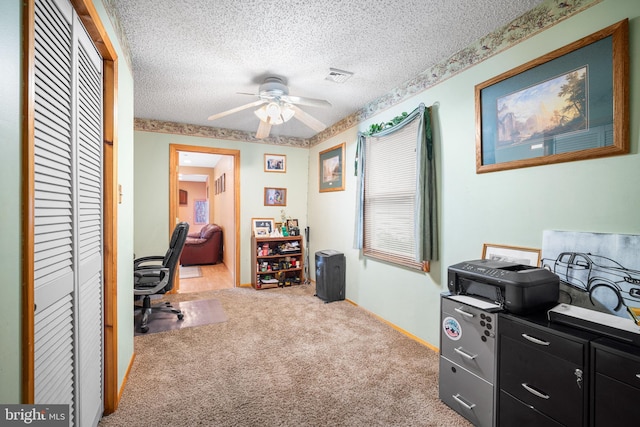 199 Cox Ave, West Creek, NJ 08092 - office area featuring a ceiling fan, a textured ceiling, and carpet flooring