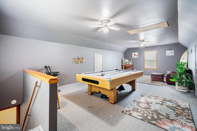 199 Cox Ave, West Creek, NJ 08092 - rec room featuring carpet floors, ceiling fan, lofted ceiling, and pool table