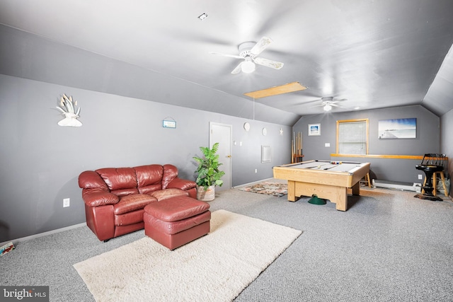 199 Cox Ave, West Creek, NJ 08092 - rec room featuring ceiling fan, vaulted ceiling, carpet, billiards, and baseboard heating