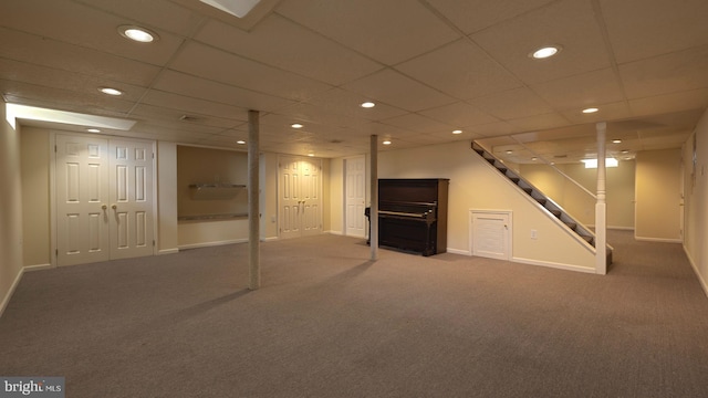 45 Wert Ave, Hamilton, NJ 08610 - finished basement with carpet floors, recessed lighting, stairs, and a drop ceiling