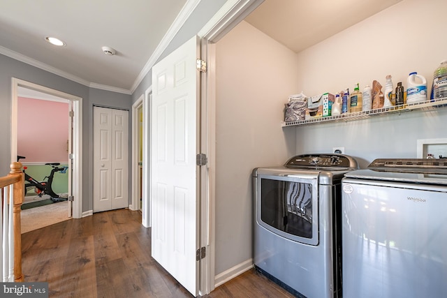 1506 Cloverhill Rd, Pottstown, PA 19464 - washroom featuring washing machine and dryer, crown molding, dark wood finished floors, and recessed lighting