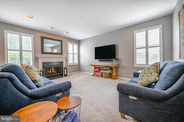 1506 Cloverhill Rd, Pottstown, PA 19464 - living room with carpet flooring, a high end fireplace, and recessed lighting