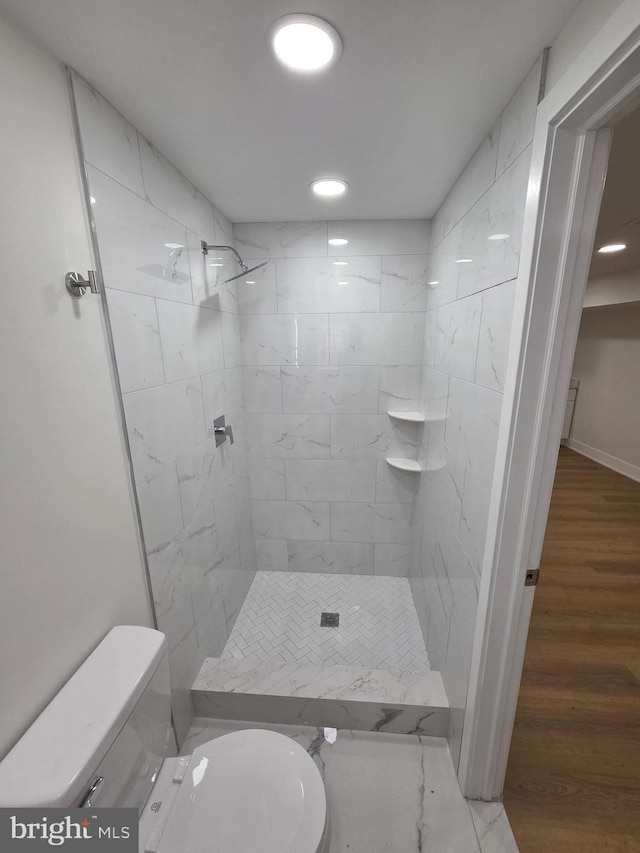 1473 Stevens St, Philadelphia, PA 19149 - bathroom with a shower stall, wood finished floors, and recessed lighting