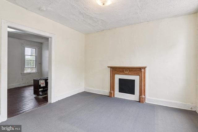 111/2 College Ave, Annapolis, MD 21401 - unfurnished living room featuring dark carpet, a fireplace, and a textured ceiling