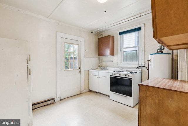 111/2 College Ave, Annapolis, MD 21401 - kitchen with gas range gas stove, water heater, a baseboard radiator, healthy amount of natural light, and crown molding