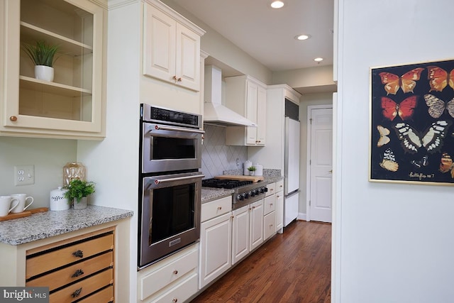 2801 Connecticut Ave NW Unit 32, Washington, DC 20008 - kitchen featuring stainless steel appliances, custom range hood, recessed lighting, tasteful backsplash, and dark wood-style flooring