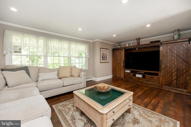 4 Concord Way, Chadds Ford, PA 19317 - living area with a baseboard radiator, crown molding, recessed lighting, and wood finished floors