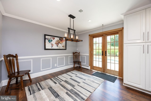 4 Concord Way, Chadds Ford, PA 19317 - dining room with french doors, dark wood-style floors, crown molding, wainscoting, and recessed lighting