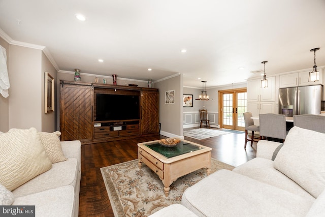4 Concord Way, Chadds Ford, PA 19317 - living room with french doors, ornamental molding, wood finished floors, recessed lighting, and baseboard heating