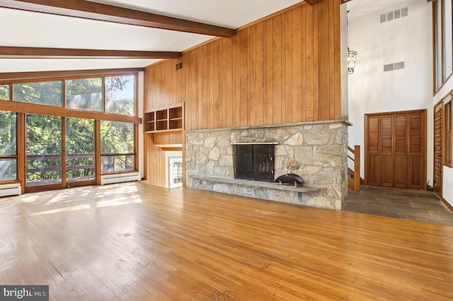 20 Birch Ct, Lancaster, PA 17603 - unfurnished living room featuring a baseboard heating unit, beam ceiling, hardwood / wood-style floors, a fireplace, and wooden walls