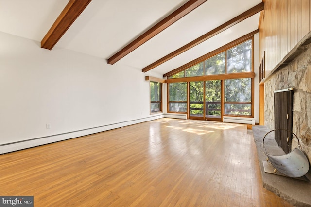 20 Birch Ct, Lancaster, PA 17603 - unfurnished living room featuring high vaulted ceiling, beam ceiling, wood finished floors, baseboard heating, and a stone fireplace