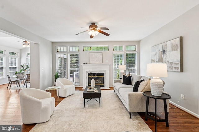 5570 La Vista Dr, Alexandria, VA 22310 - living room featuring a ceiling fan, plenty of natural light, wood finished floors, and a fireplace