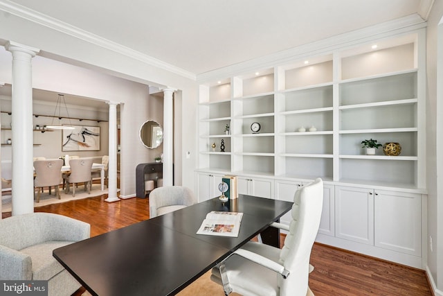 5570 La Vista Dr, Alexandria, VA 22310 - dining space with ornate columns, ornamental molding, dark wood-type flooring, and built in features