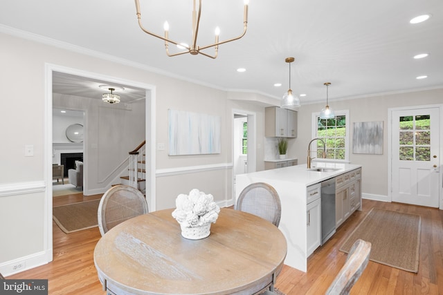 7819 Overbrook, Ruxton, MD 21204 - dining space with light wood-style flooring, stairway, a chandelier, recessed lighting, and ornamental molding