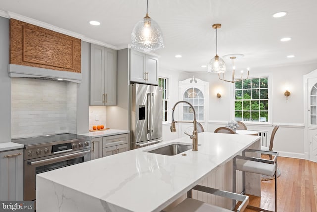 7819 Overbrook, Ruxton, MD 21204 - kitchen with appliances with stainless steel finishes, gray cabinets, custom exhaust hood, recessed lighting, and tasteful backsplash