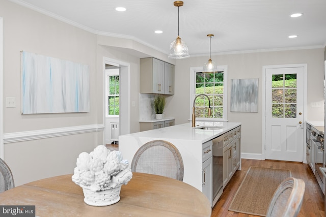 7819 Overbrook, Ruxton, MD 21204 - kitchen featuring gray cabinetry, dishwasher, wood finished floors, light countertops, and radiator heating unit