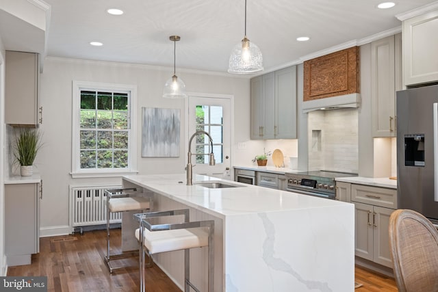 7819 Overbrook, Ruxton, MD 21204 - kitchen with stainless steel appliances, radiator, backsplash, dark wood finished floors, and recessed lighting