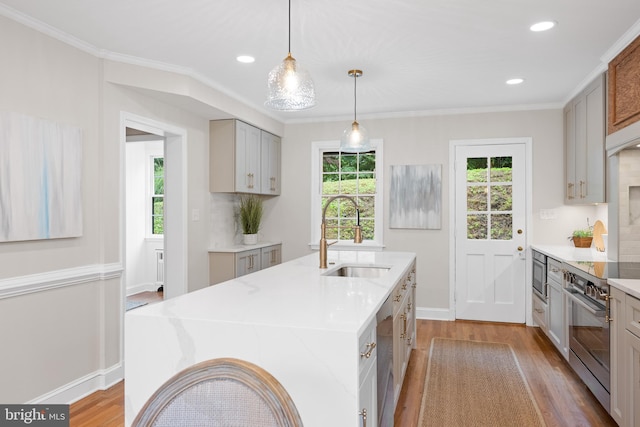 7819 Overbrook, Ruxton, MD 21204 - kitchen featuring appliances with stainless steel finishes, light wood-style flooring, gray cabinets, recessed lighting, and an island with sink