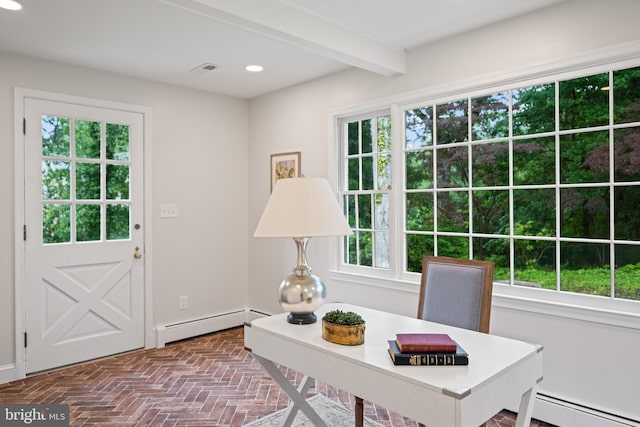 7819 Overbrook, Ruxton, MD 21204 - home office featuring a baseboard heating unit, plenty of natural light, recessed lighting, and beamed ceiling
