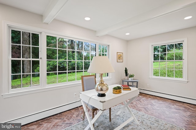 7819 Overbrook, Ruxton, MD 21204 - office area with baseboard heating, beamed ceiling, and recessed lighting