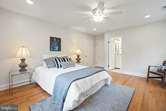 7819 Overbrook, Ruxton, MD 21204 - bedroom with light wood-style flooring, recessed lighting, ensuite bathroom, and a ceiling fan