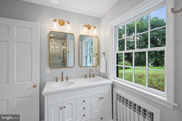 7819 Overbrook, Ruxton, MD 21204 - full bath featuring radiator, tiled shower, and double vanity