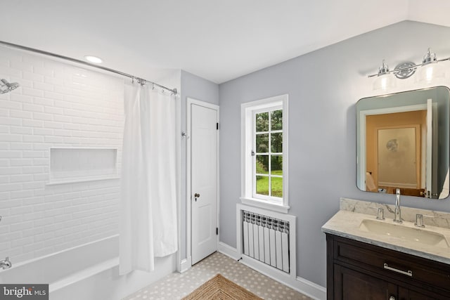 7819 Overbrook, Ruxton, MD 21204 - full bathroom with radiator heating unit, vanity, and shower / bath combination with curtain