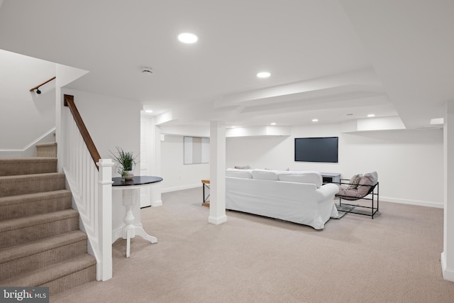 7819 Overbrook, Ruxton, MD 21204 - living room featuring light colored carpet, stairs, and recessed lighting
