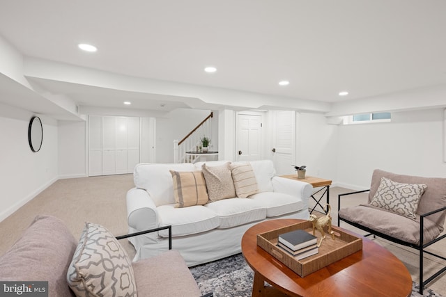 7819 Overbrook, Ruxton, MD 21204 - living room featuring stairs, recessed lighting, and light carpet