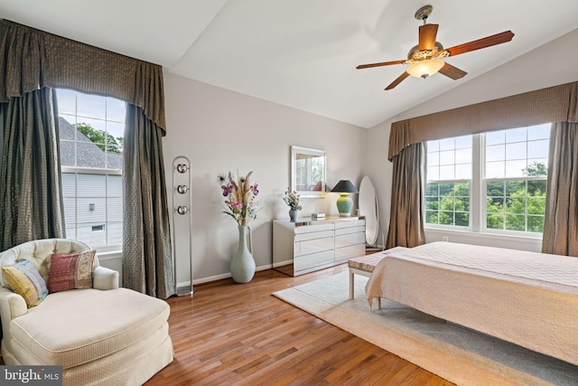 3709 Apple Cider Ct, Dumfries, VA 22025 - bedroom with multiple windows, vaulted ceiling, light wood-style flooring, and ceiling fan